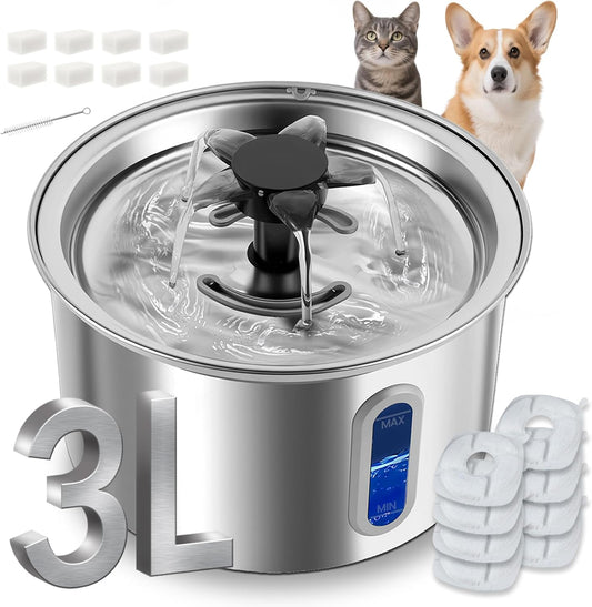 3L/101Oz Stainless Steel Cat Water Fountain for Indoor Use - Ultra Quiet Automatic Cat Fountain for Drinking, Pet Water Foutain for Cat with LED Window, Easy to Clean (8 Filters & 8 Sponges)