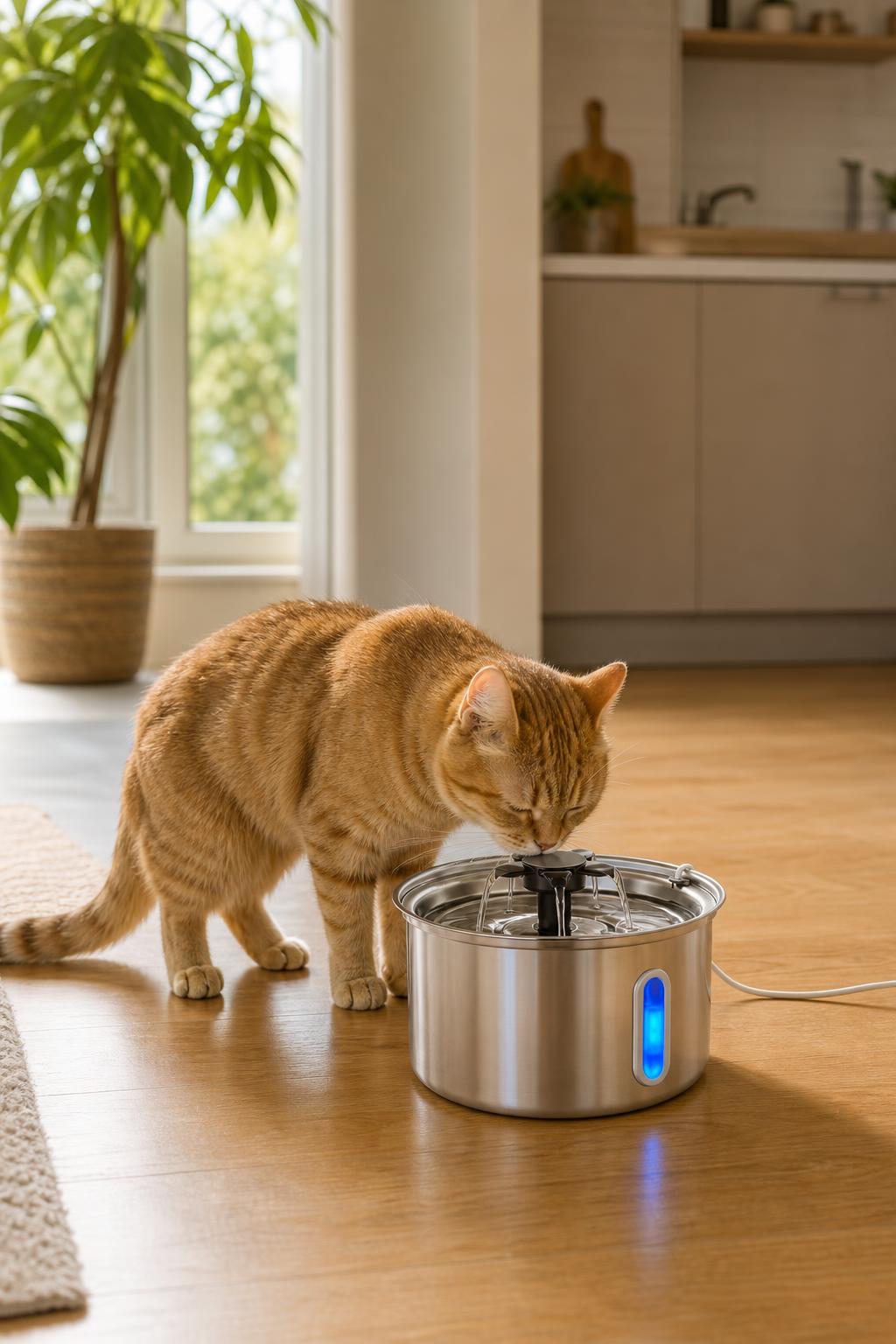 Cat drinking from an AquaCat water fountain in a bright home