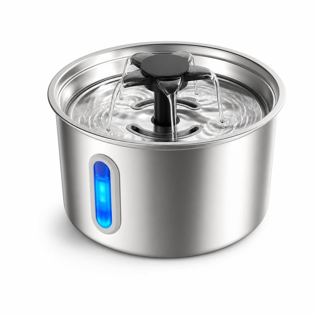 AquaCat cat water fountain, angled view with circulating water