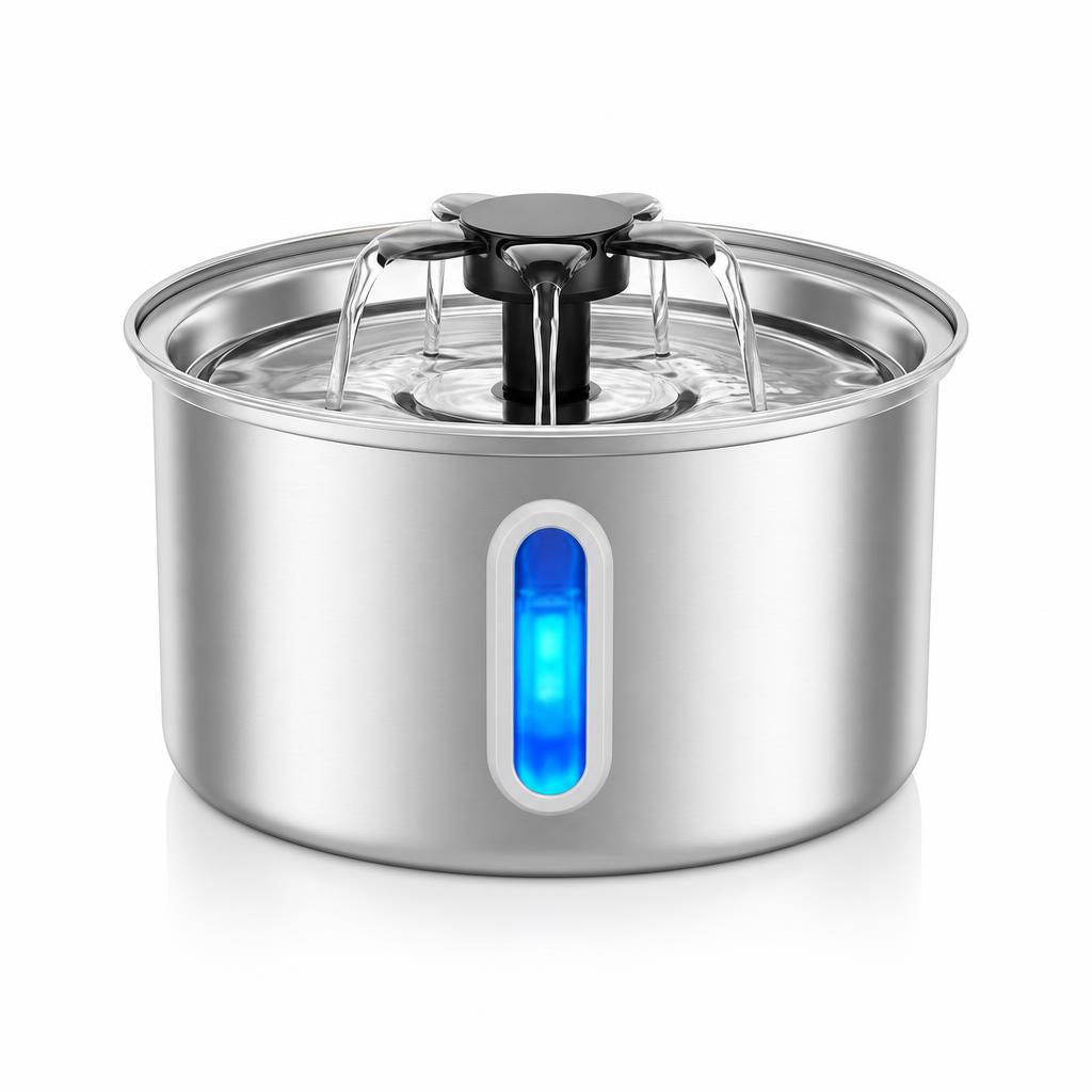 AquaCat stainless steel cat water fountain, front view